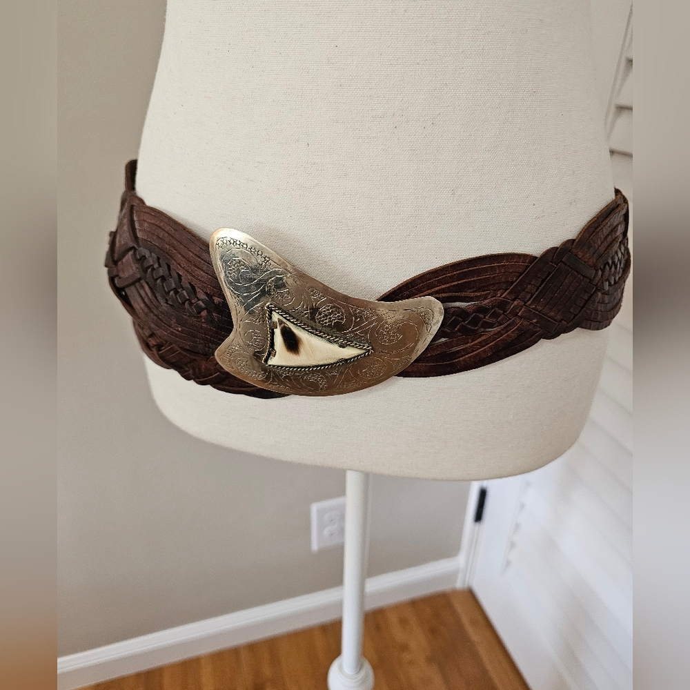 Vintage Brown braided leather boho hippie festival belt /silver engraved Buckle